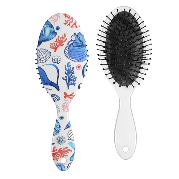 Seashell Hair Brush - Round Bristle Paddle Brush for Detangling with Gentle Anti-Frizz & Scalp Massage (Beach, Nautical, Tropical Theme)