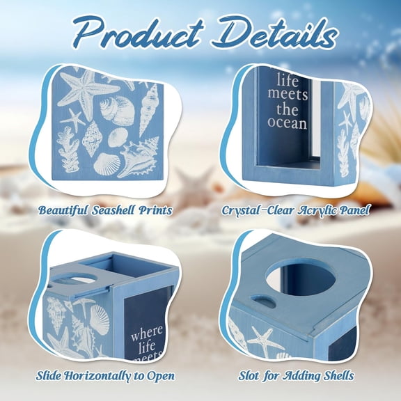 Seashell Holder Wooden Seashell Display Box Beach Coastal Decor Acrylic Sea Shell Display Holder Home Decor, 4.25 x 4.25 x 7.25 inches$$Home Decor, Kitchen, & Other
