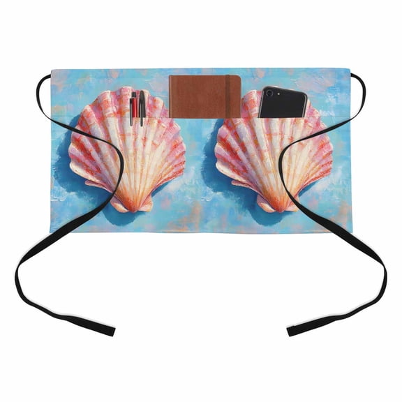 Seashell Kitchen Restaurant Half Waist Apron, Scallop Coastal Beach Nautical Ocean Server Short Apron with 3 Pockets Waterproof Oil Waist Aprons for Women Waitress Waiter