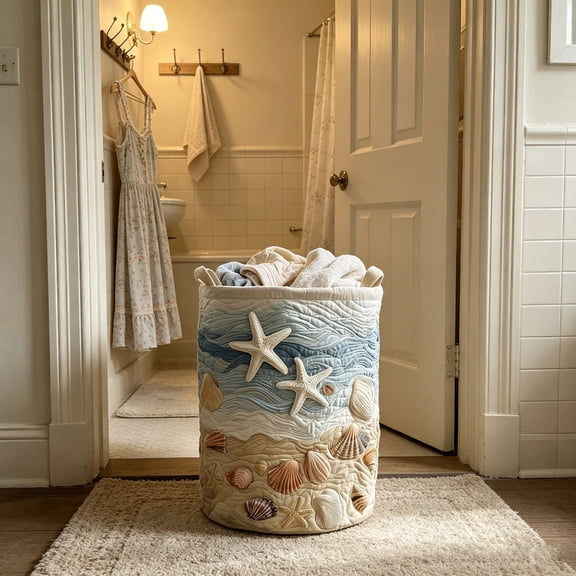 Seashell Laundry Basket With Carry Handles Foldable Large Storage Bin Coastal Beach Decor Organizer For Towels Blankets Clothes(Blue-18.11")