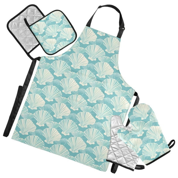 Seashell Line Art 5 Pcs Kitchen Set Heat Resistant Oven Mitts and Non-Slip Pot Holders with Adjustable Cooking Apron