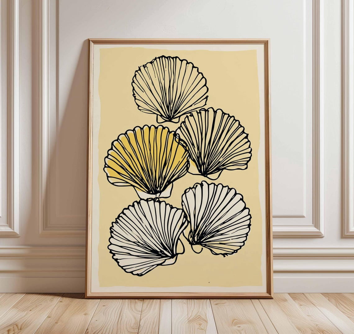 Seashell Line Art Minimal Coastal Yellow Cream Poster Unframed Paper ...