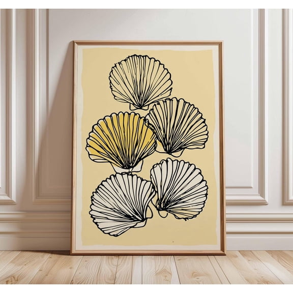 Seashell Line Art Minimal Coastal Yellow Cream Poster Unframed Paper Print
