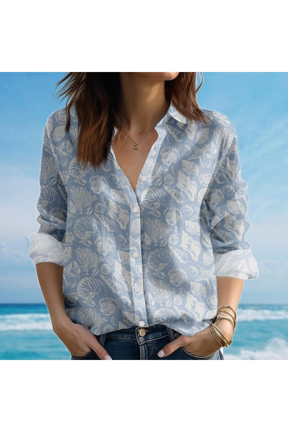 Seashell Linen Blouse Shirt, Casual Women Shirt, Ocean Summer Long Sleeve, Button Down Shirt For Vacation, Vacation Beach Shirt, Gift For Her