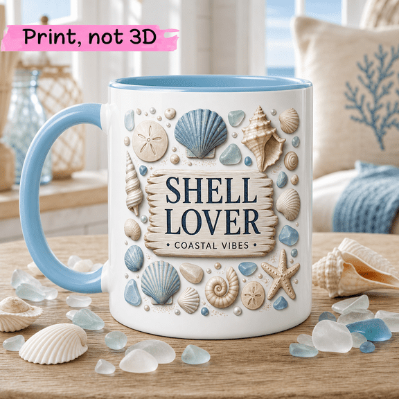 Seashell Mug 3D Effect Print, Shell Lover Gift for Coastal Coffee Vibes