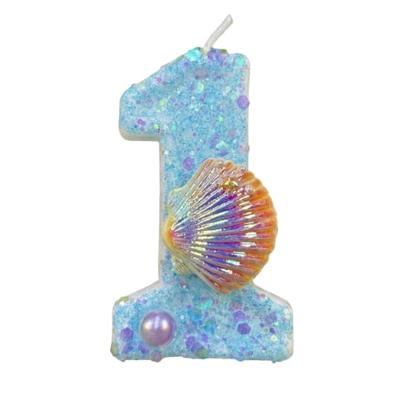 Seashell Number Candle, Blue Mermaid Sequins Shell Birthday Candles,Mermaid Birthday Candles,Happy Birthday Candles,Mermaid Themed Birthday Cake Topper Anniversary Party Decorations, Number 1