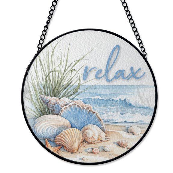 Seashell Ocean Beach Stained Glass Suncatcher UV Printed Glass, Coastal Home Window Hanging, Round