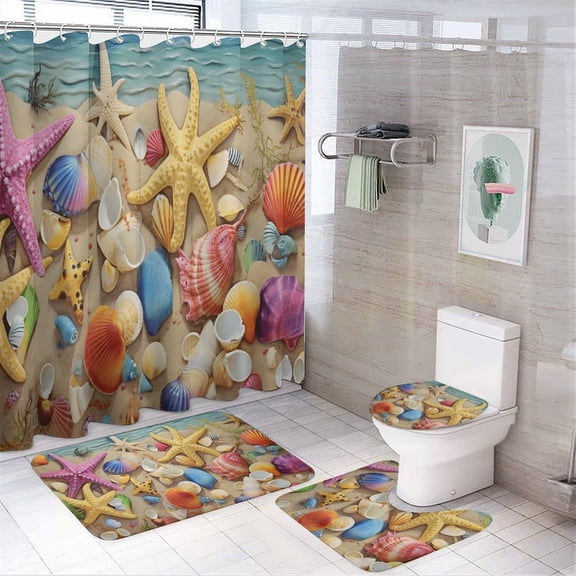 Seashell On The Beach Shower Curtain Sets with Rugs 4 Piece Rustic