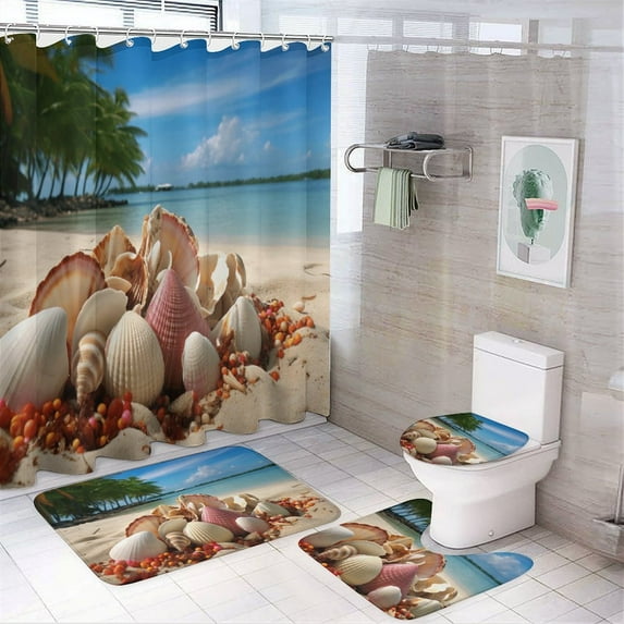 Seashell On The Beach Shower Curtain Sets with Rugs 4 Piece Rustic