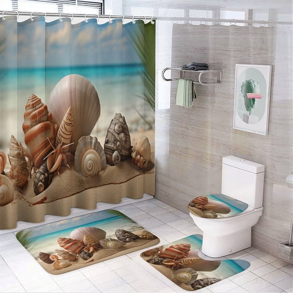 Seashell On The Beach Shower Curtain Sets with Rugs 4 Piece Rustic