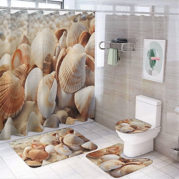 Seashell On The Beach Shower Curtain Sets with Rugs 4 Piece Rustic
