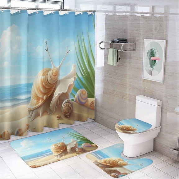 Seashell On The Beach Shower Curtain Sets with Rugs 4 Piece Rustic