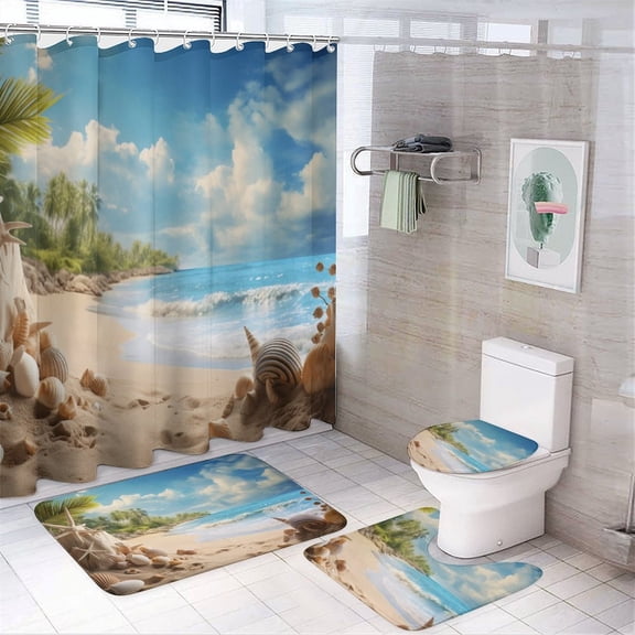 Seashell On The Beach Shower Curtain Sets with Rugs 4 Piece Rustic