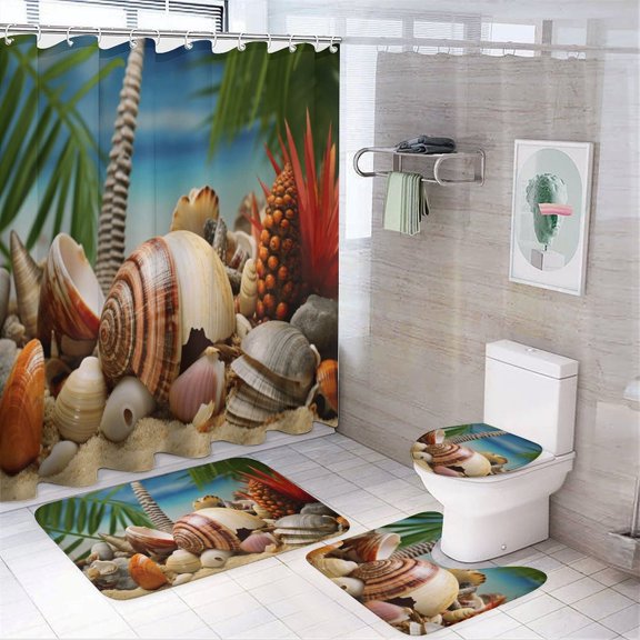 Seashell On The Beach Shower Curtain Sets with Rugs 4 Piece Rustic