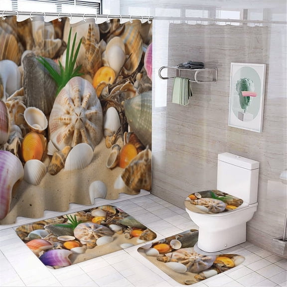 Seashell On The Beach Shower Curtain Sets with Rugs 4 Piece Rustic