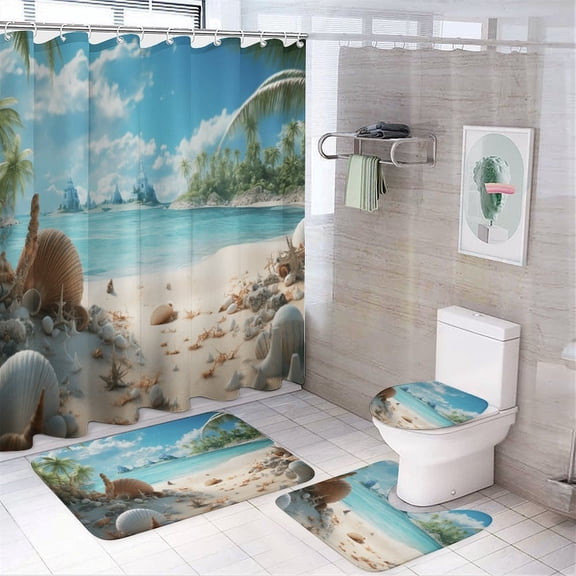 Seashell On The Beach Shower Curtain Sets with Rugs 4 Piece Rustic
