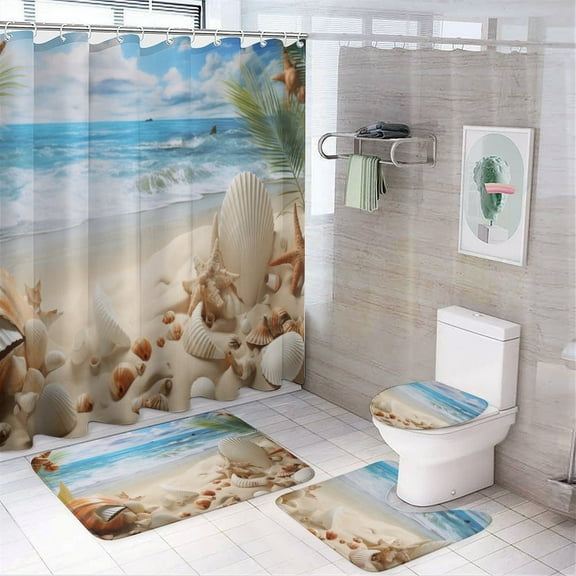 Seashell On The Beach Shower Curtain Sets with Rugs 4 Piece Rustic