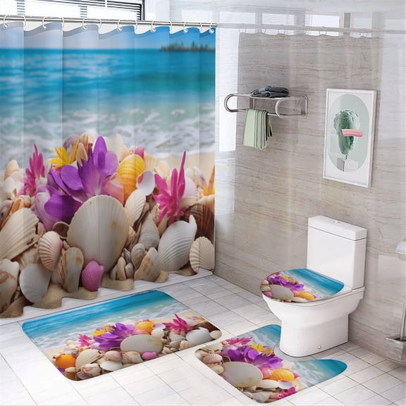 Seashell On The Beach Shower Curtain Sets with Rugs 4 Piece Rustic