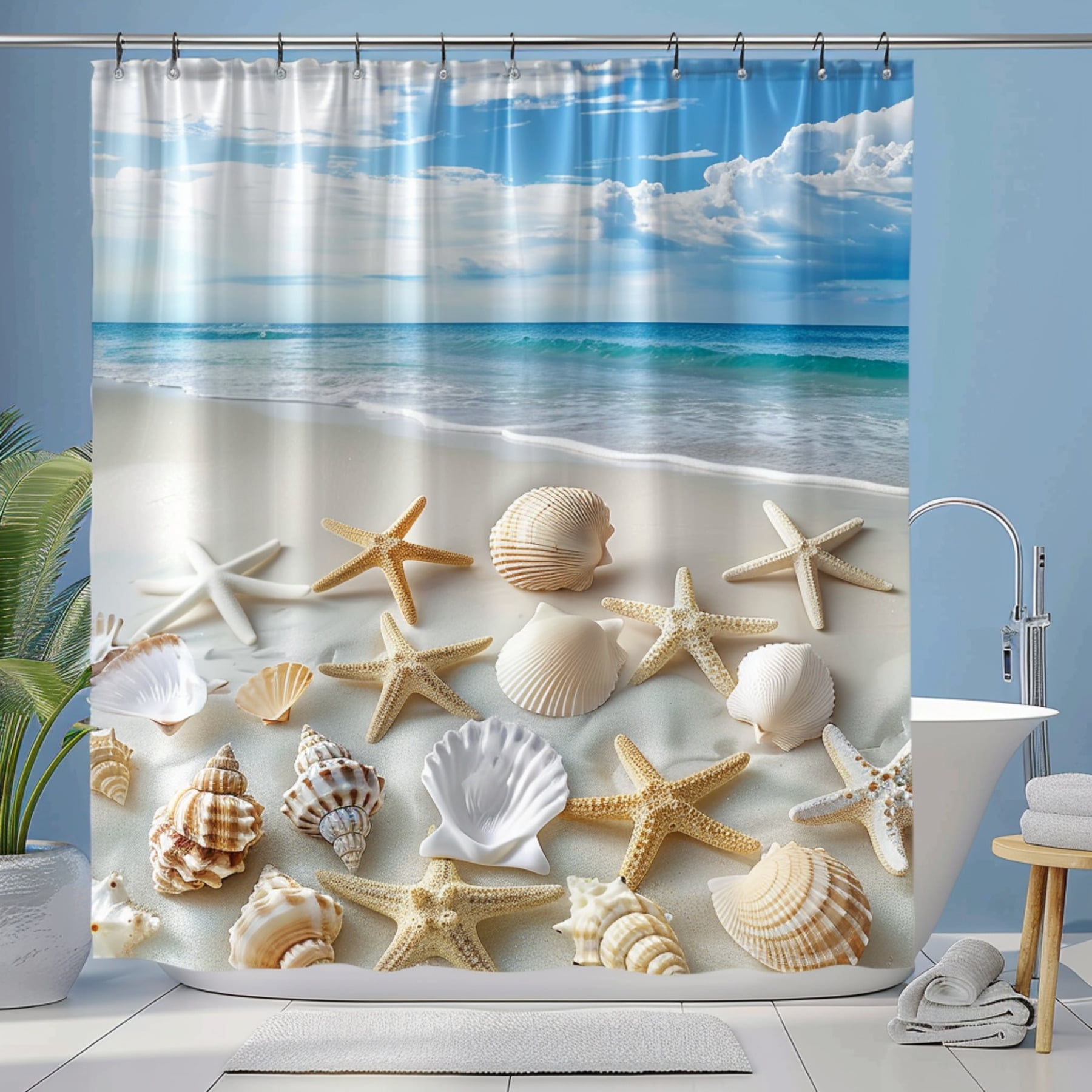 Seashell Paradise Beach Scene Shower Curtain Starfish & Shells on