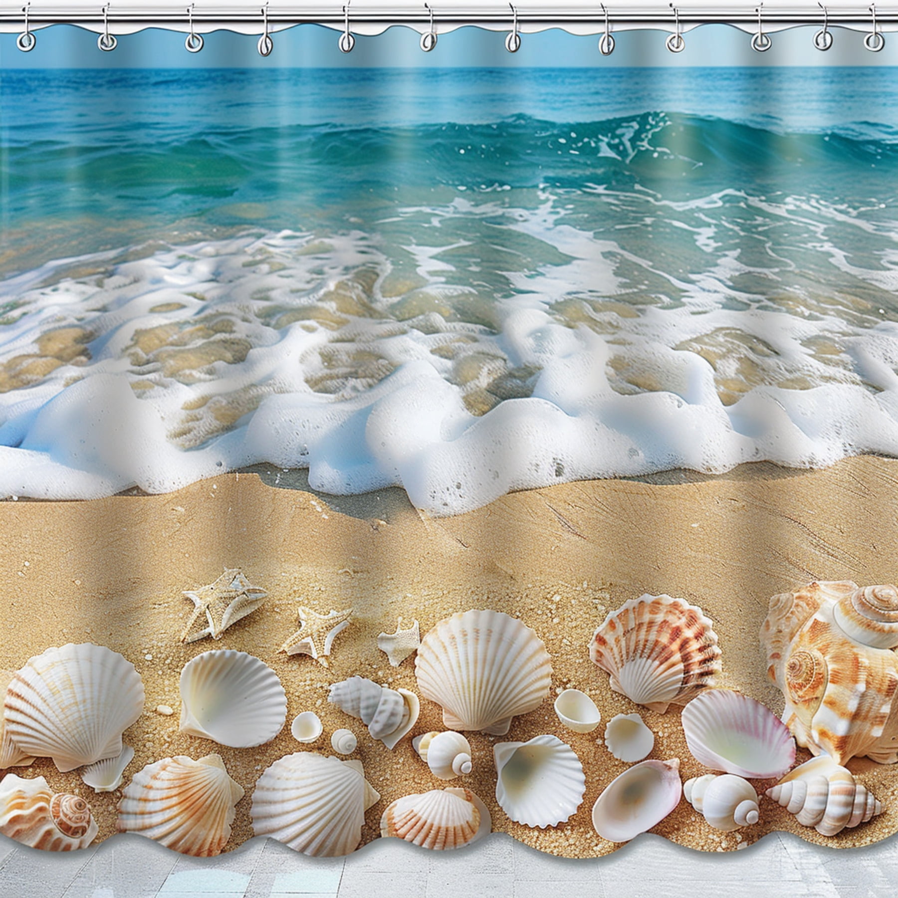 Seashell Paradise Beach Shower Curtain with Ocean Waves and Sandy Beach