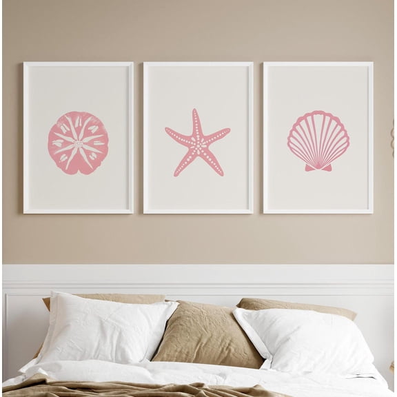 Seashell Pastel Pink Art Coastal Nursery Collection Beach Decor Set 3 Unframed Paper Print