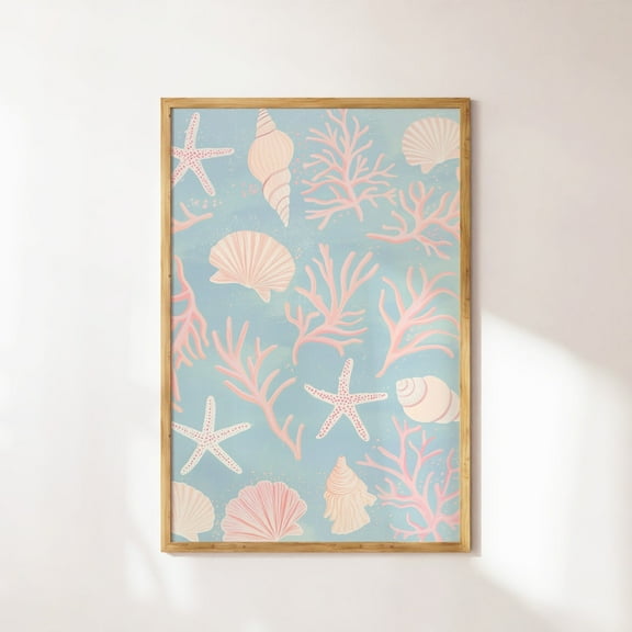 Seashell Pattern Pink Coastal Wall Decoration, Unframed Canvas 24x36in
