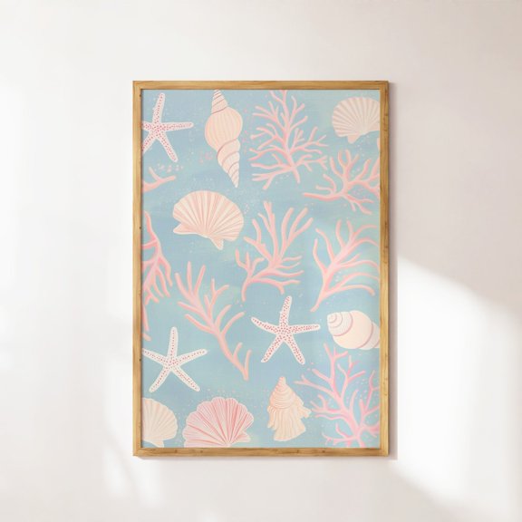 Seashell Pattern Pink Coastal Wall Decoration, Unframed Poster