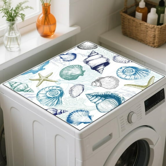 Seashell Pattern Washing Machine Dust Cover Top Mat 23.6"x23.6" Marine Elements Washer Dryer Dust Cover Mat Corals Starfish Rubber Washing Machine Pad for Washer Dryer Kitchen Laundry