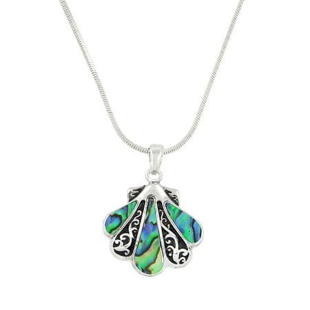 Seashell Pendant Necklace Rhinestone Crystal Rhodium High Polished J0164