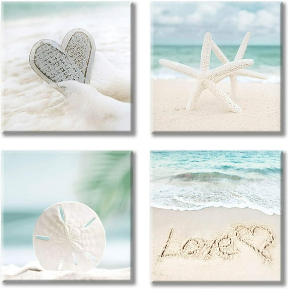 Seashell Picture Canvas Wall Art: Love & Starfish Beach Coastal Artwork Print for Wall Decor for Office(16'''' x 16'''' x 4 Panels)