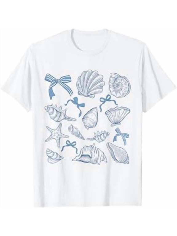 Seashell Preppy Blue Coquette Bow Beach Coastal Sea Shell T-Shirt
