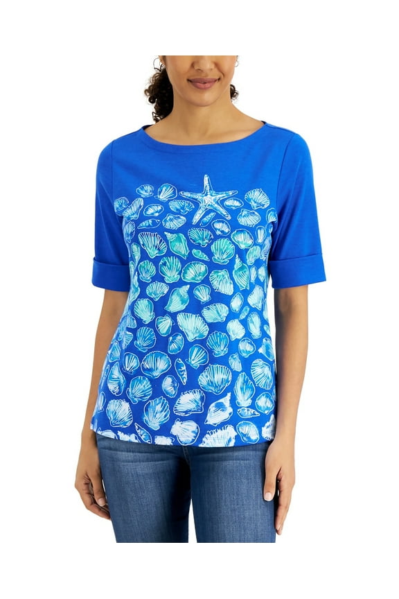 Seashell-Print Elbow-Sleeve Top Ultra Blue M
