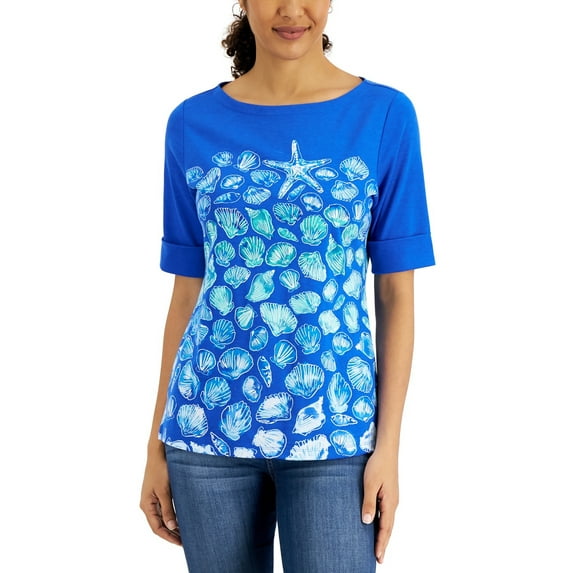 Seashell-Print Elbow-Sleeve Top Ultra Blue XL