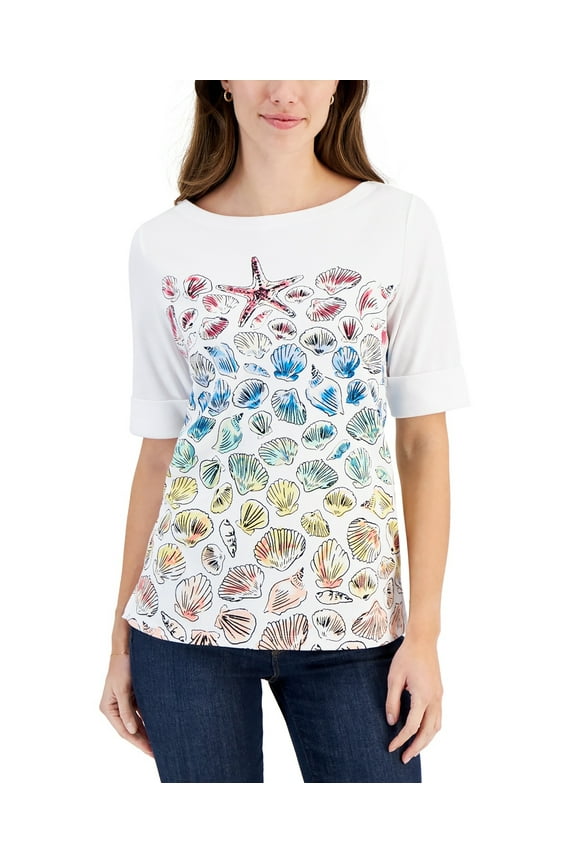 Seashell-Print Elbow-Sleeve Top White/Rose M