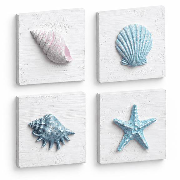 Seashell Quartet 3D Textured Beach Wall Art Set of 4 Rustic Nautical Decor