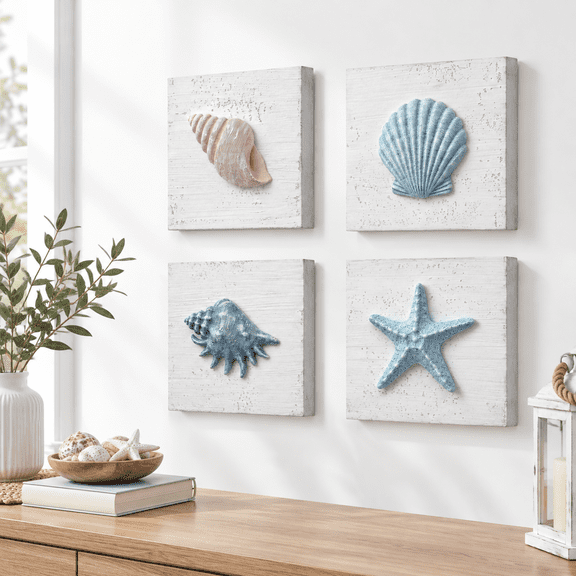 Seashell Quartet 3D Textured Wall Sculpture Set of 4 Beach Bathroom Decor