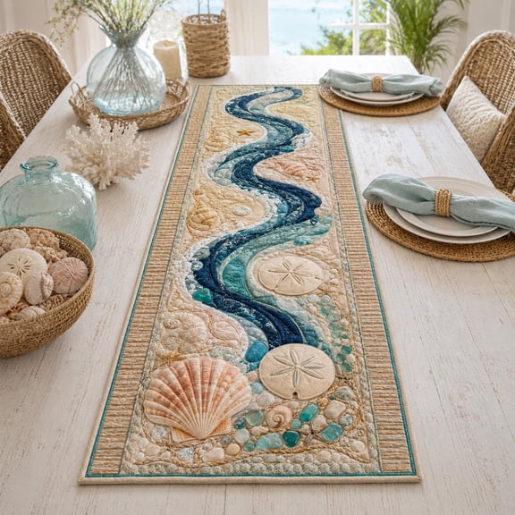 Seashell Quilted Table Runner, Beach House Coastal Decor, Nautical Patchwork Topper