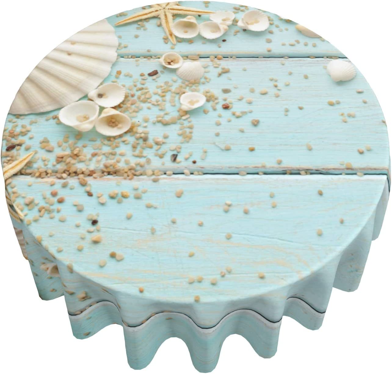 Seashell Round Tablecloth, Summer Ocean Starfish on Blue Wooden Board