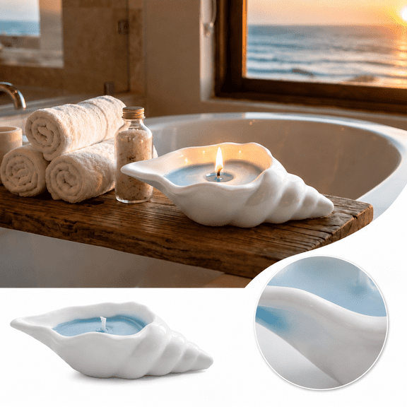 Seashell Scented Candle Ceramic Candle Vessel Style A, White Glossy Shell Decor with Soy Wax and Reusable Trinket Storage for Home Decor or Gift