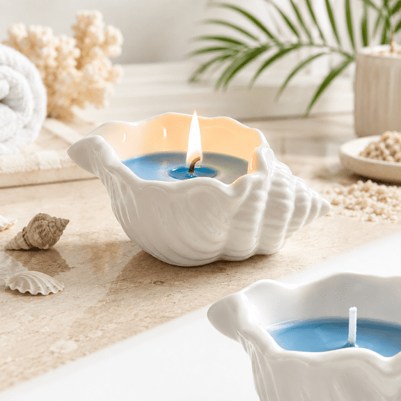 Seashell Scented Candle Ceramic Candle Vessel Style B, White Glossy Shell Decor with Soy Wax and Reusable Trinket Storage for Home Decor or Gift