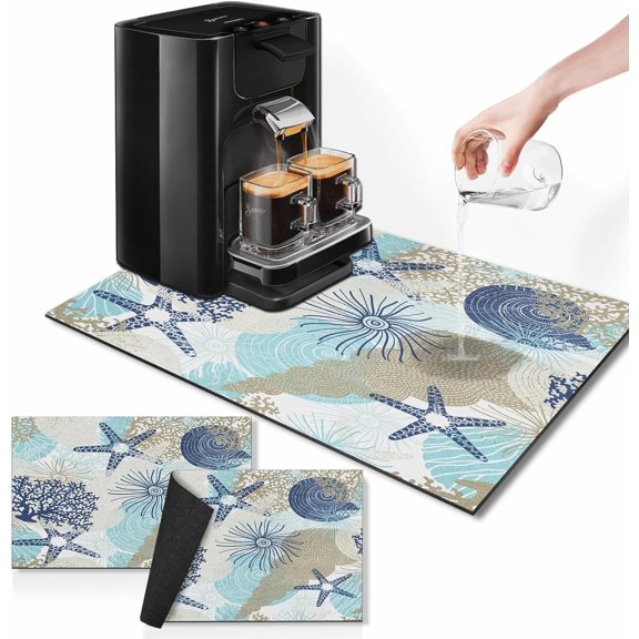 Seashell Sea Coffee Mat for Countertops,Ocean tropical Starfish Dish Drying Mat 2 Pcs for Kitchen Coffee Bar Accessories Fit Under Coffee Maker Espresso Machine Dish Rack Hide Stain Rubber