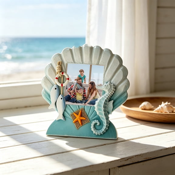 Seashell Seahorse Photo Frame 3D Relief Freestanding Picture Holder For Beach Memory Display
