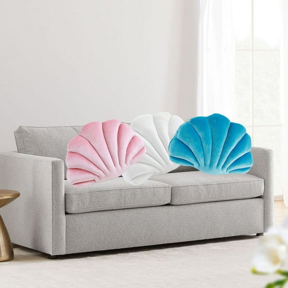 Seashell Shaped Decorative Throw Pillow | Soft Velvet Cushion Insert | Beach Nautical Home Accent | White Blue Pink | 13.38x9.84 in | Couch Bed Sofa Decor