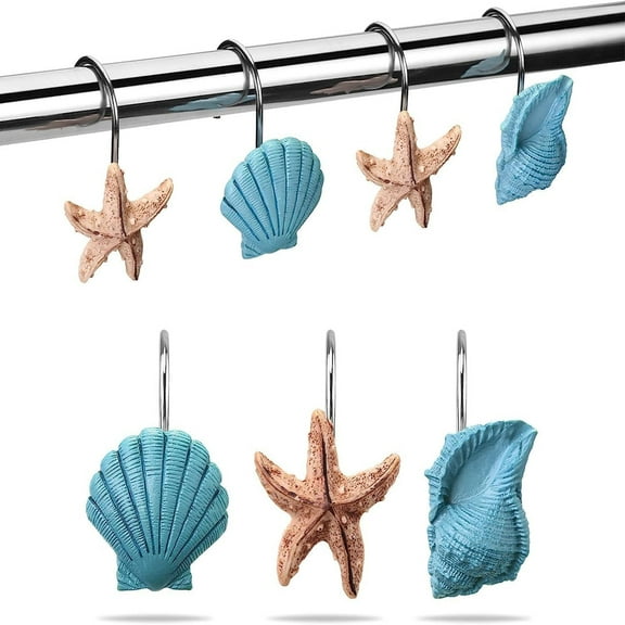 Seashell Shower Curtain Hooks, 12pcs Anti Rust Decorative Resin Hooks for Bathroom, Baby Room, Bedroom, Living Room Decor Blue Seashell