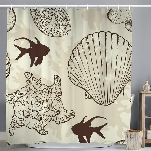 Seashell Shower Curtain Vintage Beige Coastal Ocean Fish Nautical Marine Life Bath Curtains with Hooks Fabric Waterproof Accessories Decor Bathroom, 72x72 inches