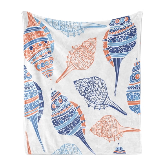 Seashell Soft Flannel Fleece Blanket, Maritime Sealife Sea Creatures Colorful Seashells in the Beach Doodle, Cozy Plush for Indoor and Outdoor Use, 70" x 90", Blue White Pale Orange, by Ambesonne