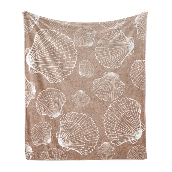 Seashell Soft Flannel Fleece Throw Blanket, Nautical Themed Illustration with Outline Seashells on Rough Background, Cozy Plush for Indoor and Outdoor Use, 50" x 60", Pale Brown White, by Ambesonne