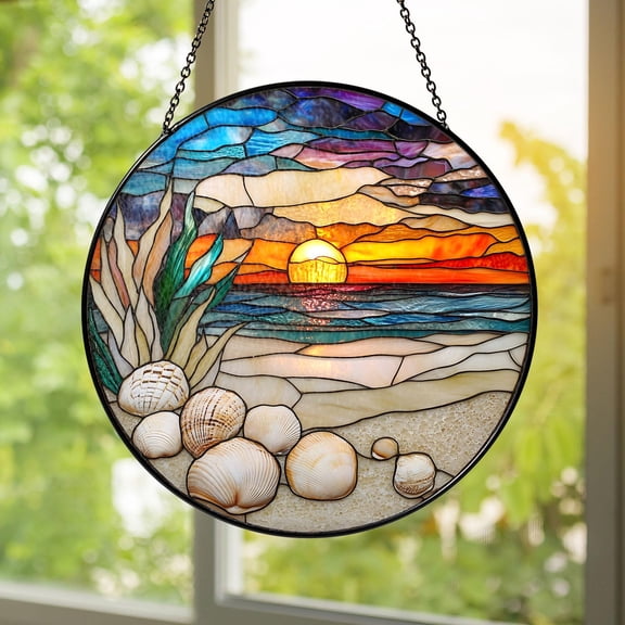 Seashell Stained Glass Suncatcher Beach Sunset Window Hanging