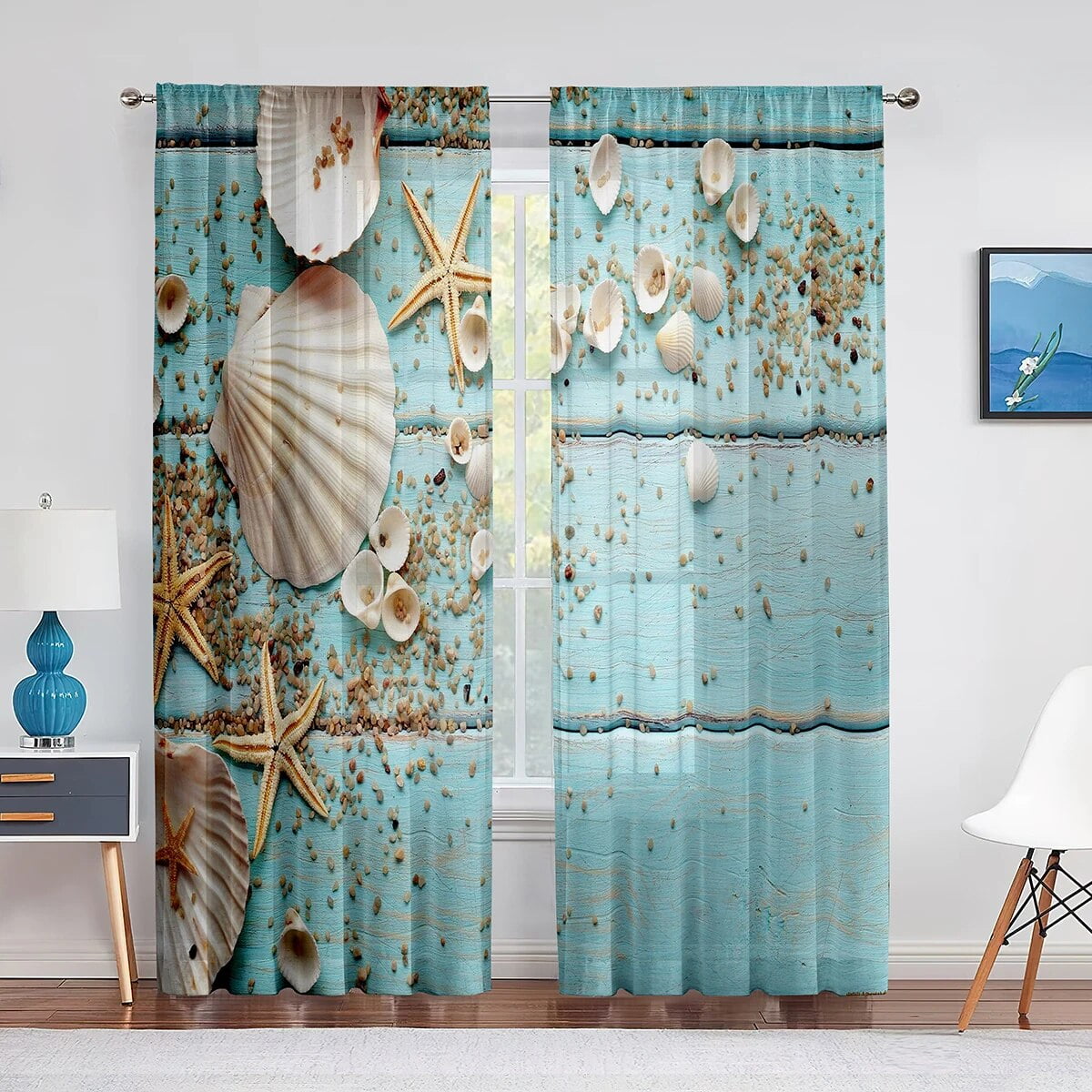 Seashell StarBeach Conch Shell Nautical Blue Wooden Sheer Curtains for ...