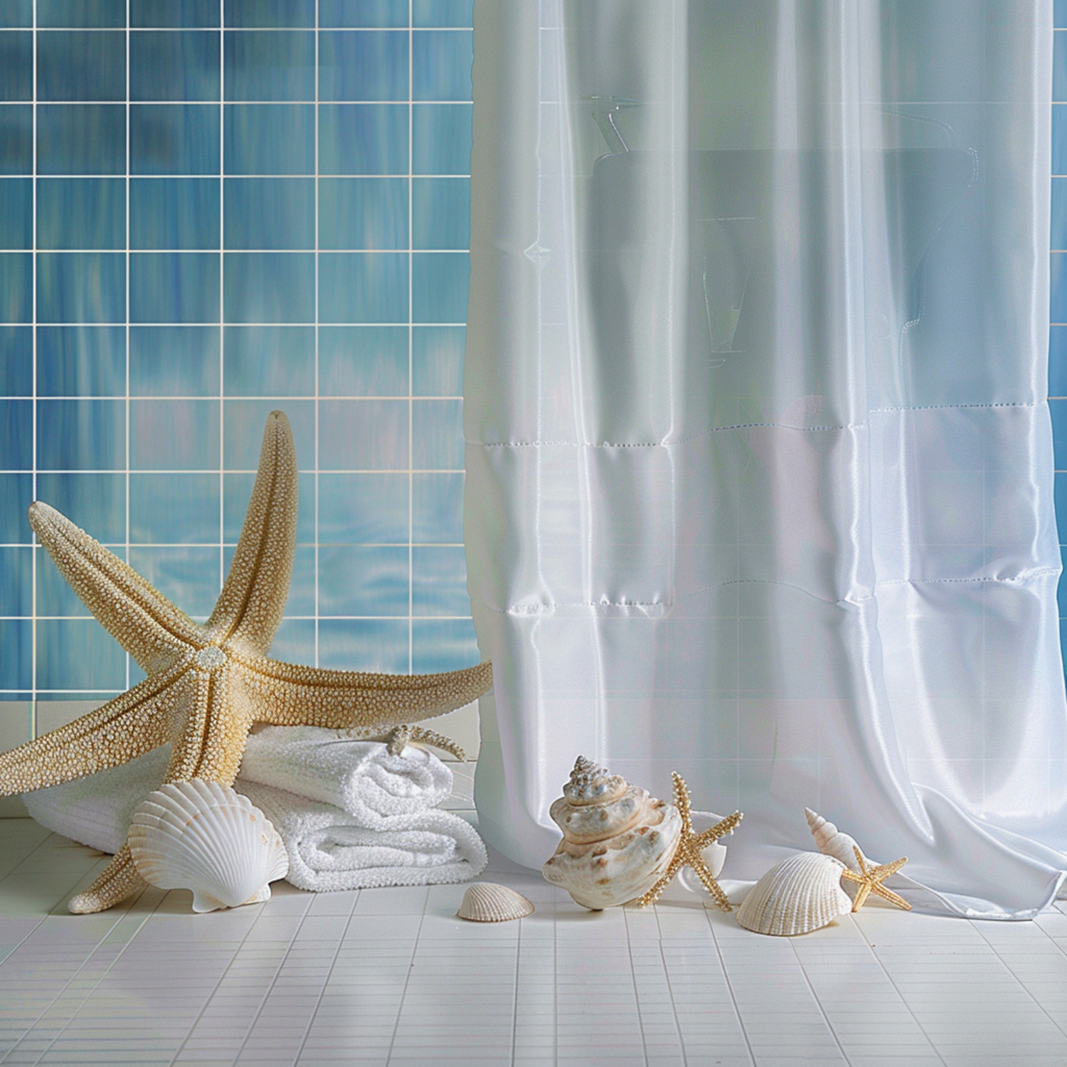 Seashell and Starfish Bathroom Decor Set with Blue Background and White